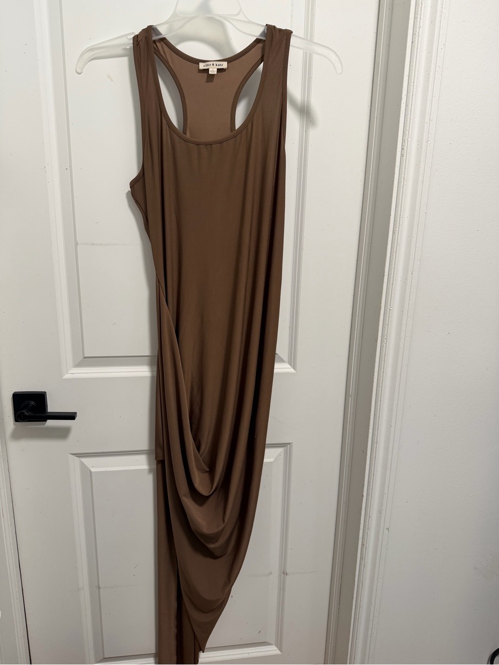 High-Low Draped Tank Maxi Dress in Brown by Allie & Kate